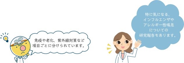 免疫や老化、紫外線対策など項目ごとに分けられています。特に気になる、インフルエンザやアレルギー性喘息についての研究報告もあります。